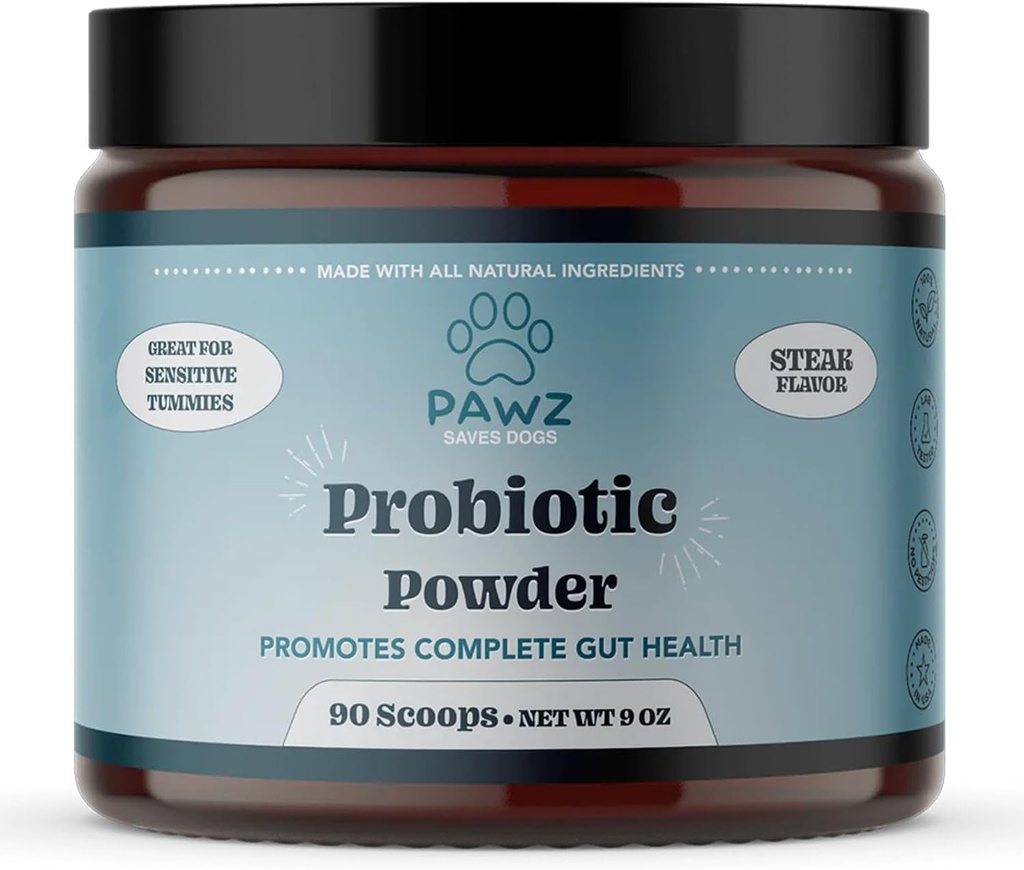 PAWZ Probiotisk pulver til hunde - 90 Scoops Steak Flavor - fremmer Gut sundhed og fordøjelse - Probiotika supplement Support immunsystem & Hud og Coat sundhed - Egnet til alle typer af hunde