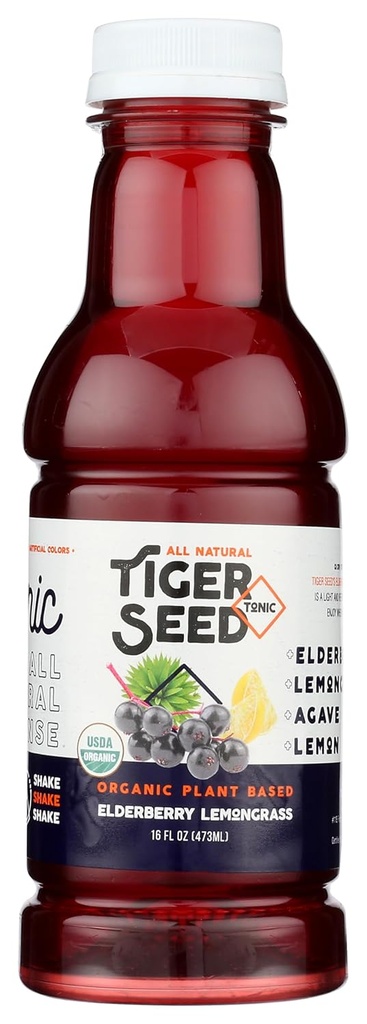 Elderberry Lemongrass - Tiger Seed - Plant Based Hydration & Immune Support - 16 FL OZ Bottles (Pack of 9) Organic, Vegan, Kosher, Low-Sugar
