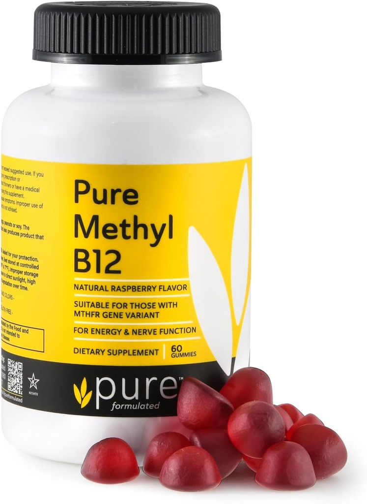 Methyl B12 Vitamin Gummies - Vegansk Vitamin B12 Methylcobalamin Gummies for voksne & Børn - Chewable B- 12 Gummies for Energy & Nerve Function - Gluten- Free, Dairy- Free, Kosher- 60 Gummies 1500 mcg