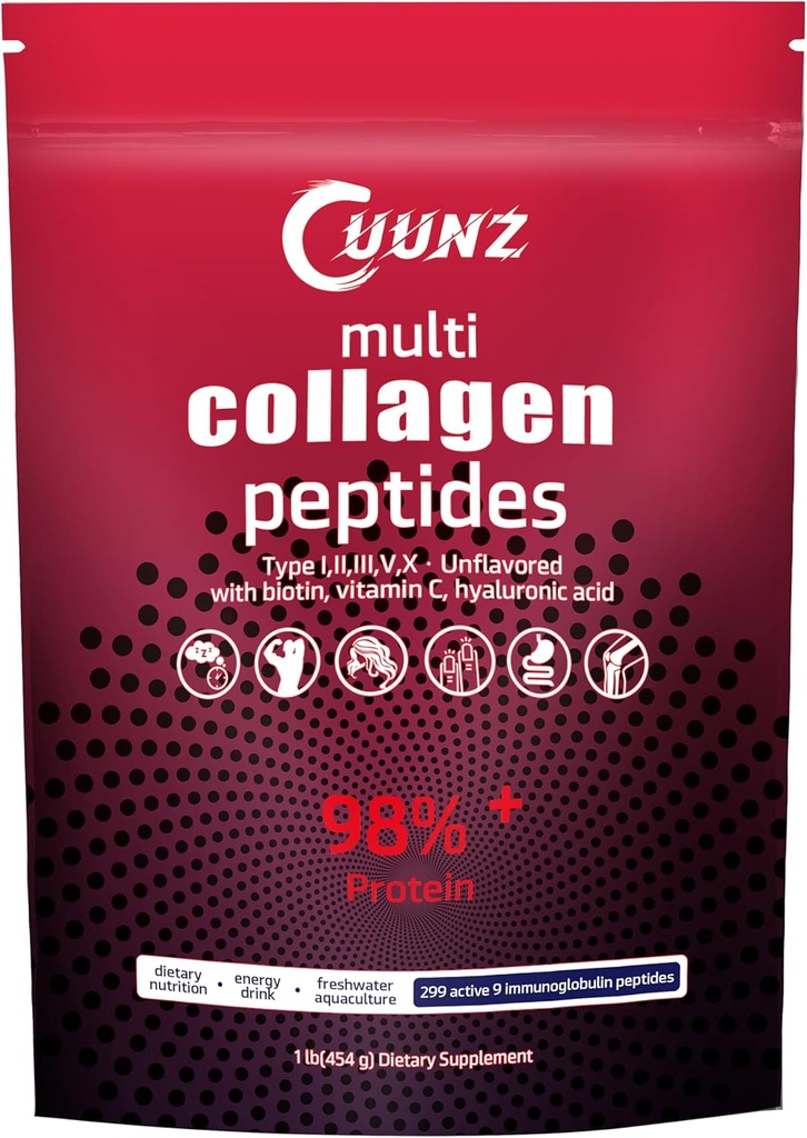 Multi collagen protein pulver - type I, II, III, V, X med biotin, Hyaluronsyre, C-vitamin - Ikke tilsat kollagen peptider Kosttilskud (Multi collagen peptider 1lb)