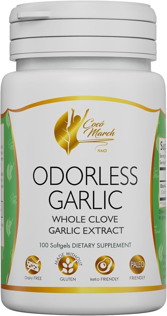 Cocó marts N.M.D Odorless Hvidløgsolie fra hel hvidløg -immunforsvar & Microbiome Sundhed. Formel Gratis fra Gluten og Dairy, Paleo og Keto Friendly, 50 Servere