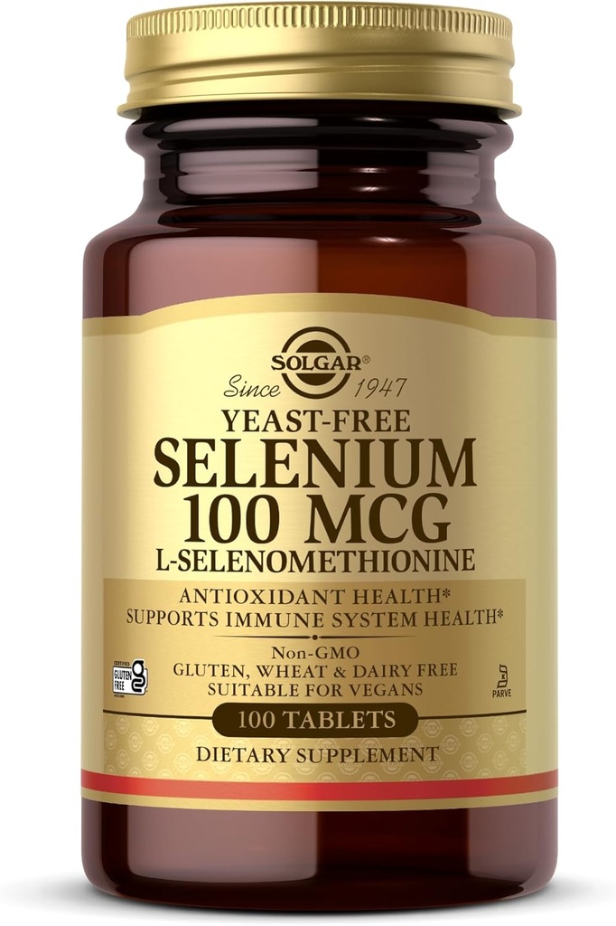 Solgar Yeast- Free Selenium 100 mcg - 100 tabletter - Understøtter Antioxidant & Immunsystem Sundhed - Non- GMO, Gluten Free, Dairy Free, Kosher - 100 Servere