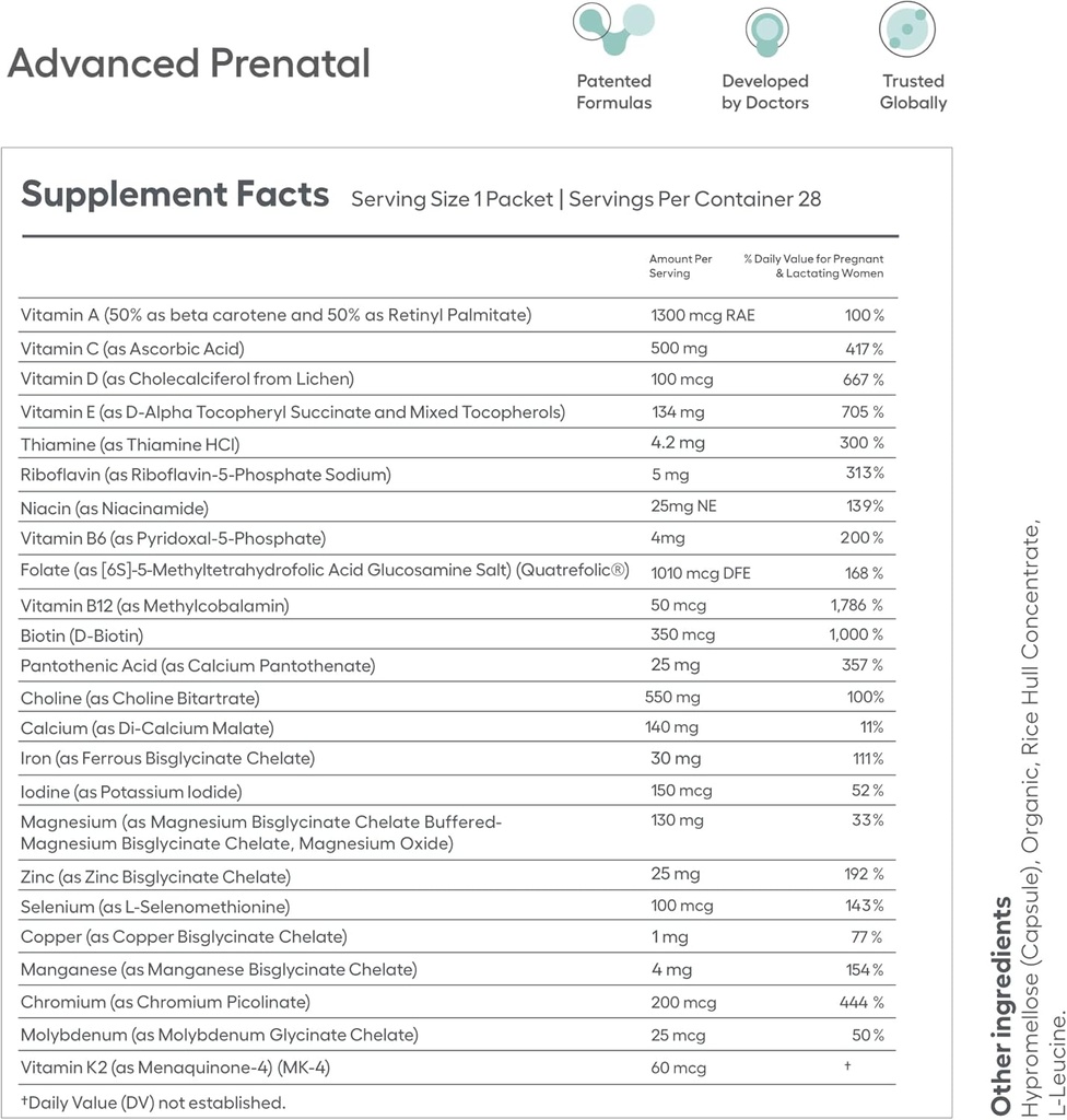 Ovaterra Advanced Prenatal & Preconception Multivitamin Bundle for Women with DHEA 25mg, Cholin 550 mg, Folate (Methylfolate) 1,010 mcg, Omega-3 DHA, EPA, Chelated Iron 364 kapsler - 28 dages forsyning