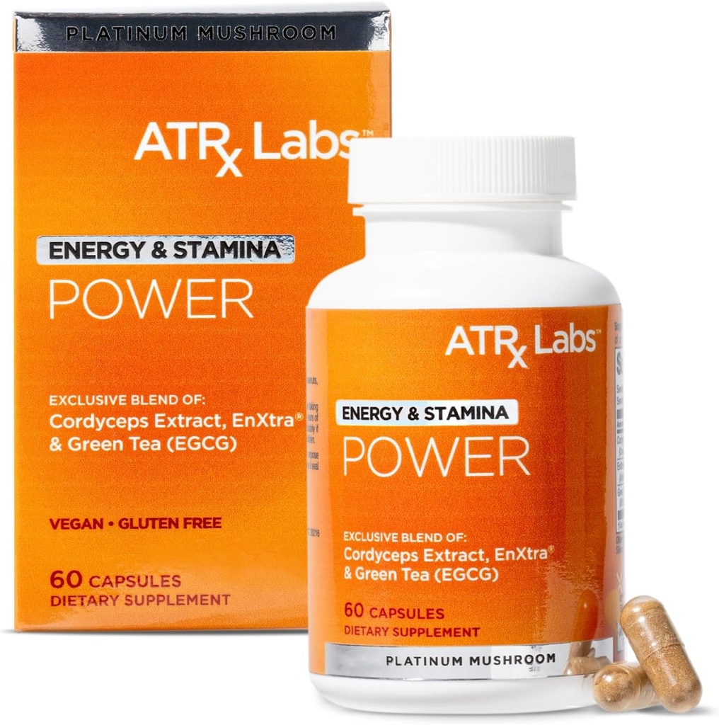 Power: Energy & Stamina - Mushroom Supplement, med Cordyceps, Grøn te, og Proprietary Extract af Alpinia Galanga, kan forbedre fokus og energi, Vegan & Gluten- Free, 60 kapsler