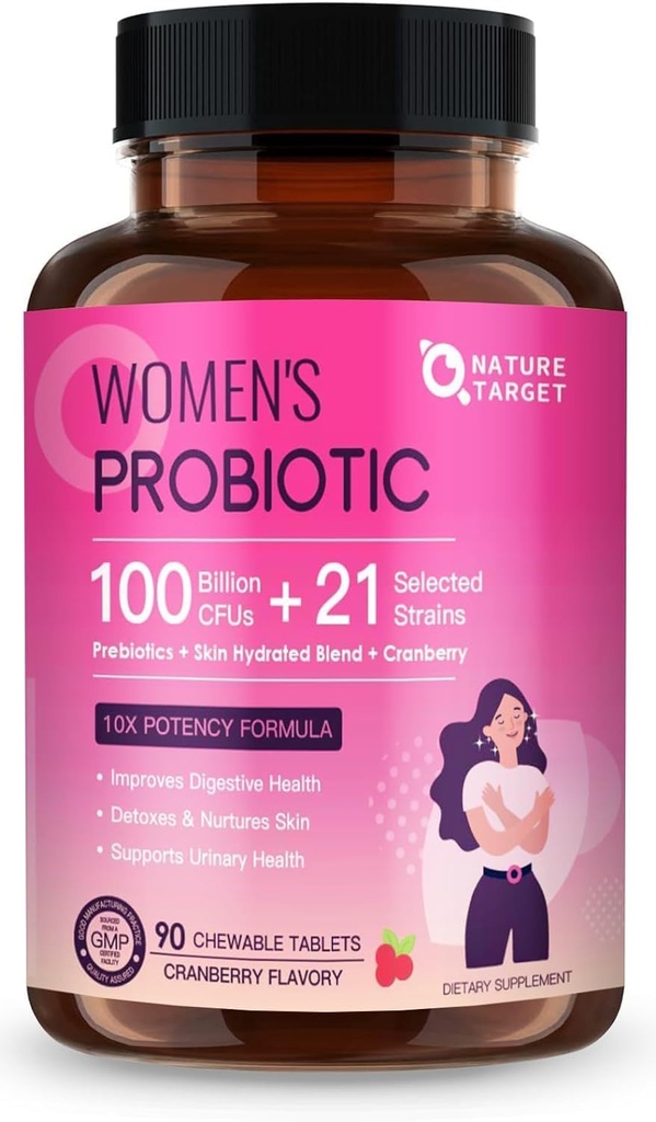 NATUR TARGET Probiotika til kvinder fordøjelsessygdomme med 100 Millioner CFU 'er, Kvinder Probiotika til Gut Health & immunforsvar, hudpleje, med Cranberry & D- mannose, 90 tyggetabletter (45 dages forsyning)