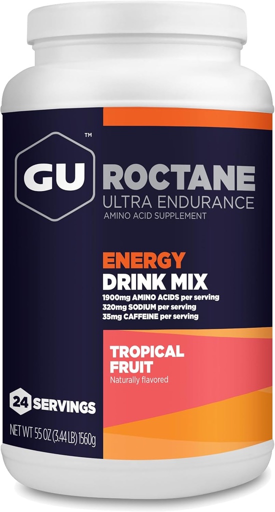 GU Energy Roctane Ultra Endurance Energy Drink Mix, Vegan, Gluten- Free, Kosher, 35mg af koffein, og Dairy- Free n- the- Go Energy for any workout, 3.44- Pound Jar, Tropical Fruit