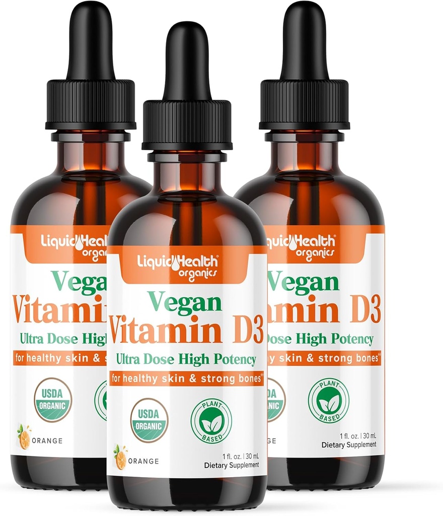 LIQUIDHealth Vitamin D3 4000 IE, USDA Organic Vitamin D Liquid Drops til voksne & Børn, Vegan Vitamin D for immunsystemet Support, Knoglesundhed, Mood Support, Sund Hud - Made in USA (3 Pack)