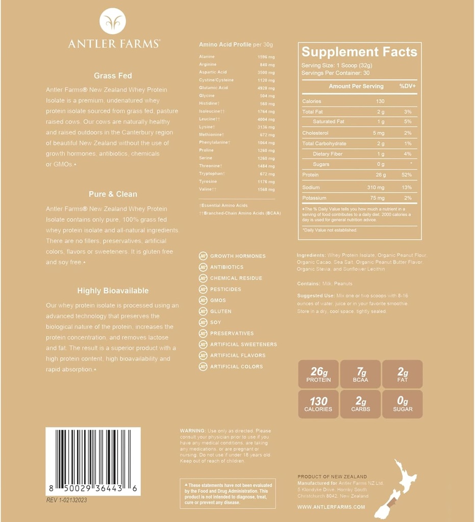 Antler Farms - 100% Græs Fed New Zealand Whey Protein Isolate, Peanut Butter Chokolade Flavor, 2 lbs - Ren og ren, 7 Ingredienser, Cold Forarbejdede