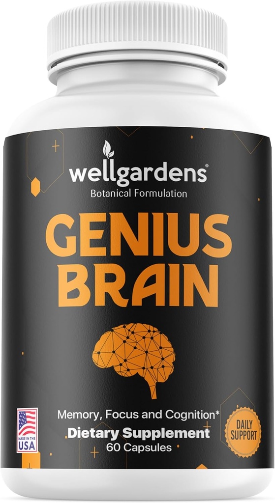 100% Pure Brain Supplements for Memory, Focus and Cognition - Daily Support for Mental Clarity med Bacopa, Magnesium, Vitaminer B6, Phosphatidylserin - Non- GMO, Gluten Free