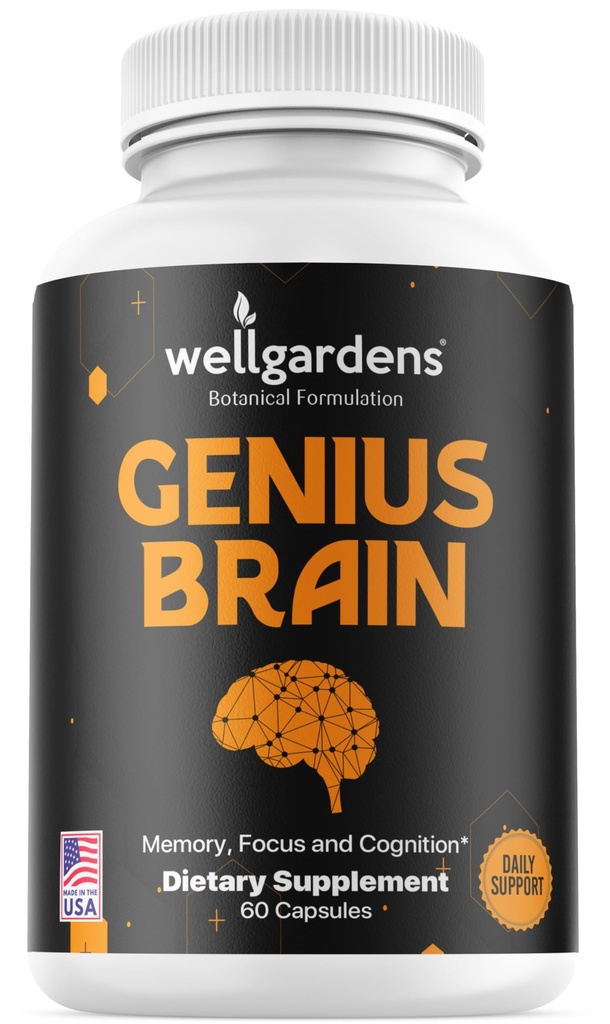 100% Pure Brain Supplements for Memory, Focus and Cognition - Daily Support for Mental Clarity med Bacopa, Magnesium, Vitaminer B6, Phosphatidylserin - Non- GMO, Gluten Free
