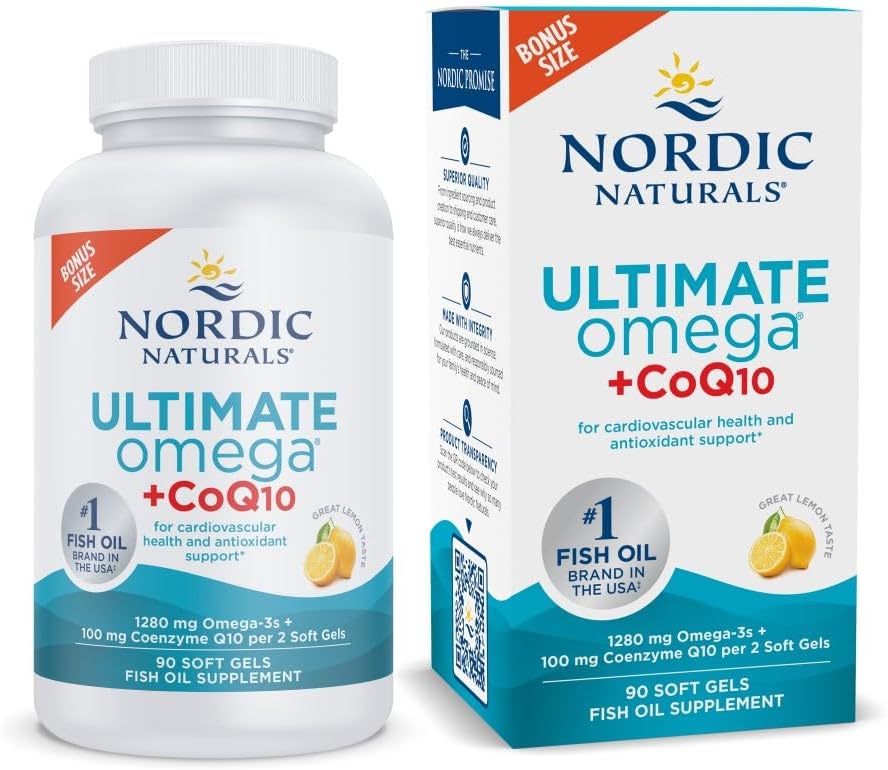 Nordic Naturals Ultimate Omega + CoQ10, Lemon - 90 Soft Gels - 1280 mg Omega-3 + 100 mg CoQ10 - Heart Health, Cellular Energy, Antioxidant Support - non-GMO - 45 Serveringer