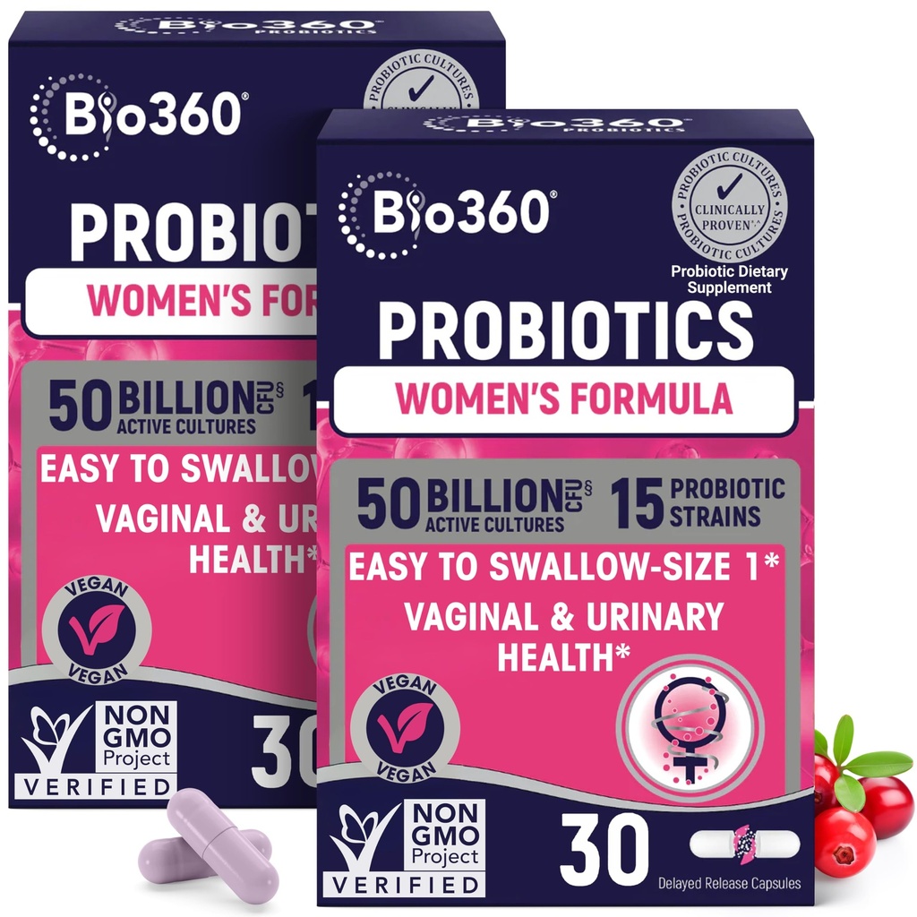 Bio360 Probiotika til kvinder Vaginigal sundhed - Understøtter pH balance, Vaginal, Urinary, & fordøjelsessundhed - 50 Millioner CFU & 15 Unik Sunde Vaginal Odor & Vaginal Flora - Hylde stable