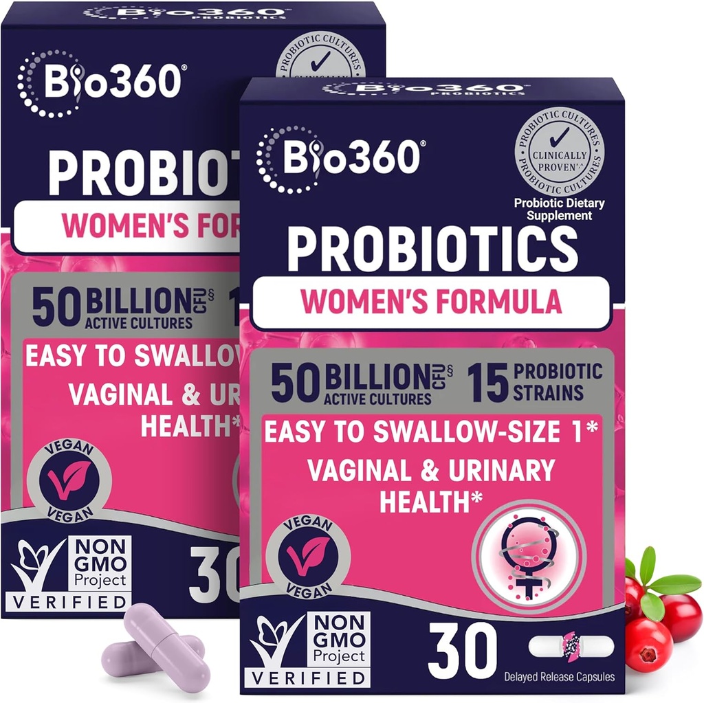 Bio360 Probiotika til kvinder Vaginigal sundhed - Understøtter pH balance, Vaginal, Urinary, & fordøjelsessundhed - 50 Millioner CFU & 15 Unik Sunde Vaginal Odor & Vaginal Flora - Hylde stable