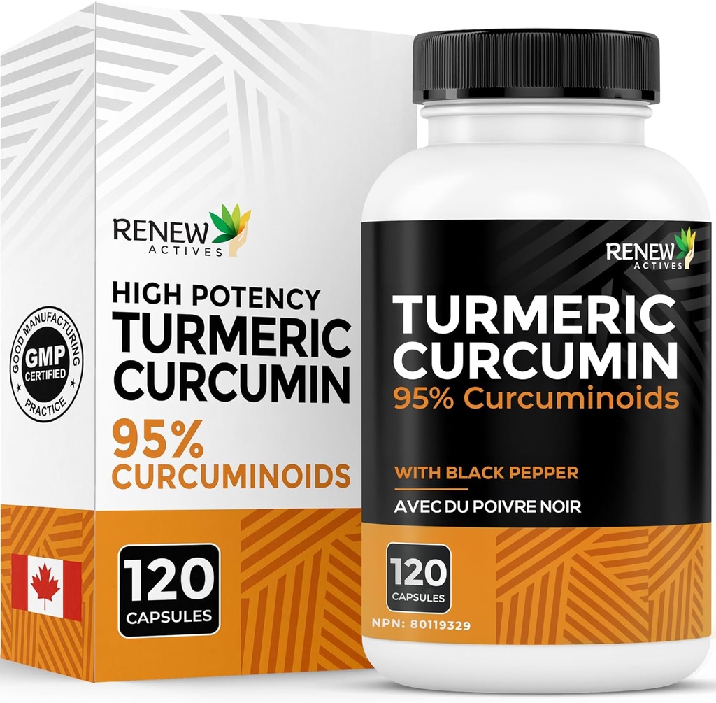Renew Actives Gurkemeje med sort peber - 600MG Gurkemeje Root, 100MG Curcuminoider per 2 kapsler - understøtter fordøjelse, leversundhed, fælles Relief & Mobilitet - Made in Canada - 120 kapsler