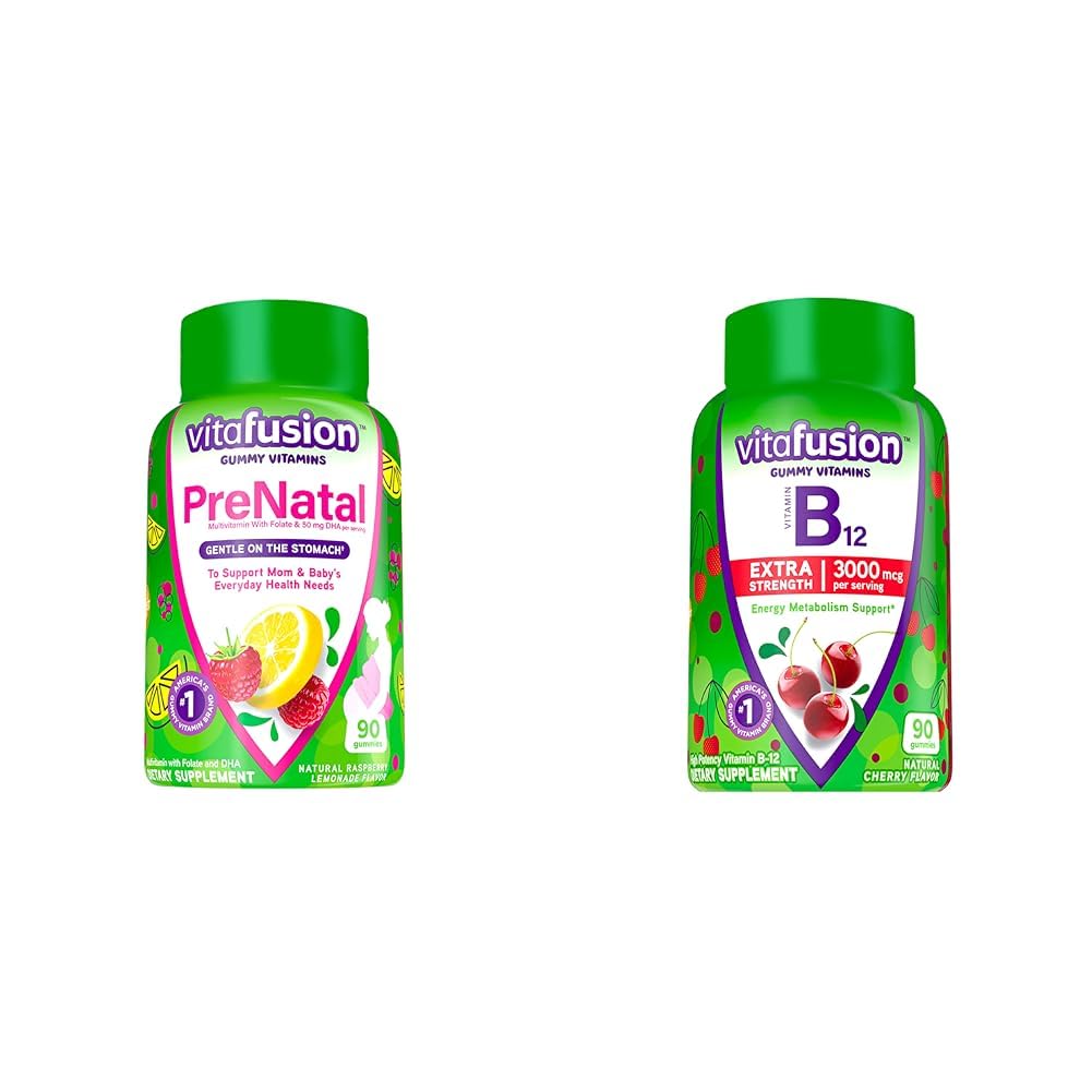 Vitafusion PreNatal Gummy Vitaminer, Hindbær Lemonade Afmærket, Graviditet Vitaminer til kvinder & Ekstra Styrke Vitamin B12 Gummy Vitaminer til energi Metabolisme Support