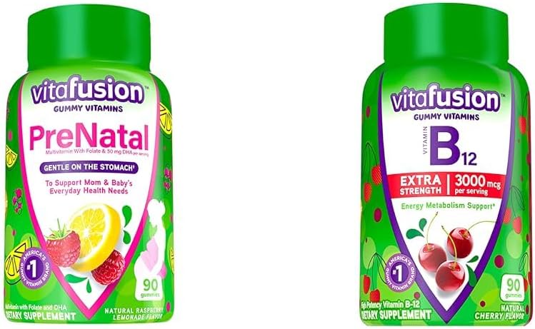 Vitafusion PreNatal Gummy Vitaminer, Hindbær Lemonade Afmærket, Graviditet Vitaminer til kvinder & Ekstra Styrke Vitamin B12 Gummy Vitaminer til energi Metabolisme Support
