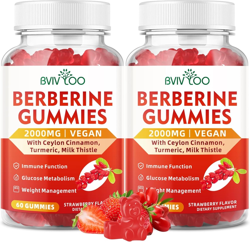 2 pakker Berberine Gummies, Sugar Free 2000mg High Potency Berberine HCI Supplement, Plus Ceylon Cinnamon, Milk Thistle for Women & Men, Immunsystemet & Metabolisme Support - 120 Gummies