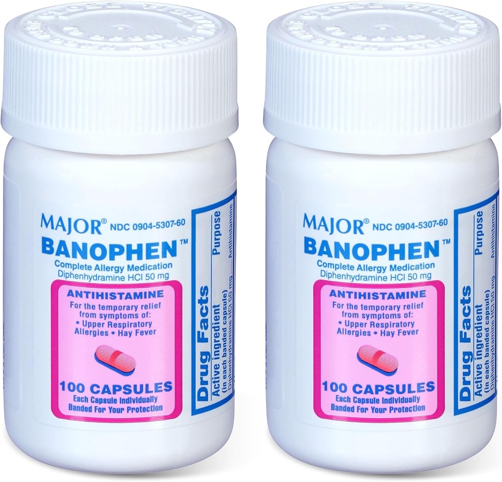 MAJOR Banohpen - Komplet allergimedicin - Diphenhydramin HCI 50 mg - Antihistamin - 100 kapsler (2 stk.)