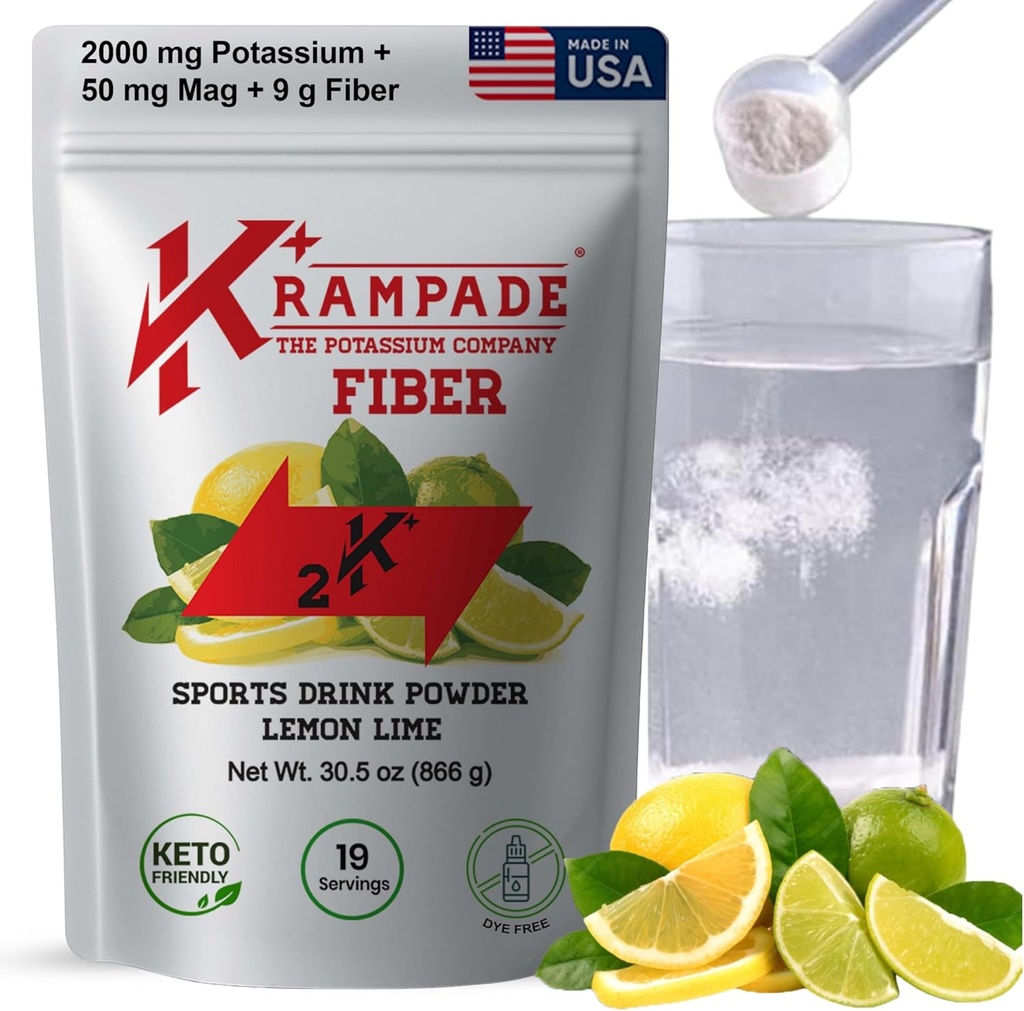 Krampade Fiber Supplement Electrolytes Powder - 9g Prebiotic Fiber + 2000mg Potassium Supplement + Magnesium | Cramp Relief | Hydration Packets| Digestive Health Support