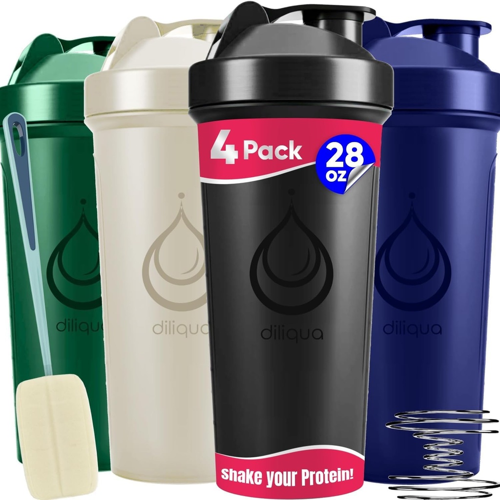 4 PACK, 28 oz Shaker Flasker med kraftfulde Wire Whisks til Protein Mixes - 124; Blaksikker Blender Shaker Flaske Pack med rengøring svamp - 124; BPA- Free & Opvaskemaskine Safe - 124; Protein shaker flaske