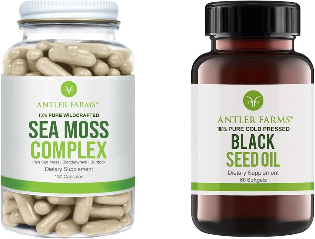 Antler Farms - 100% Pure Sea Moss Complex & Black Seed Oil Bundle, Vildlavede Irske Hav Moss & Tyrkisk Black Cumin Nigella Sativa Seed Oil