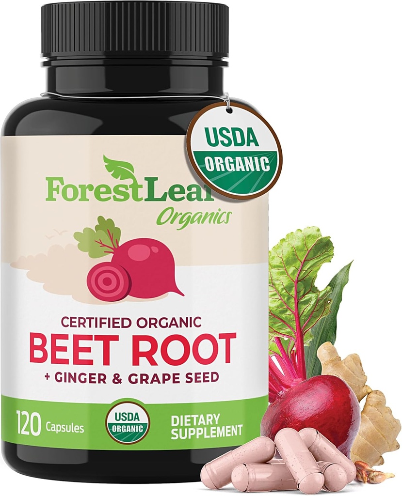 ForestLeaf Organic Beet Root Capsules - Beetroot Supplement 16000mg Strength 20: 1 Extract Pills w / Ingefær Grape Seed 124; Support Blood Pressure, Nitrooxid, Flow, Circular Meader 124; Beets Powder - 120 Caps