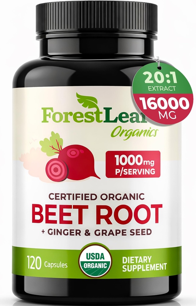 ForestLeaf Organic Beet Root Capsules - Beetroot Supplement 16000mg Strength 20: 1 Extract Pills w / Ingefær Grape Seed 124; Support Blood Pressure, Nitrooxid, Flow, Circular Meader 124; Beets Powder - 120 Caps
