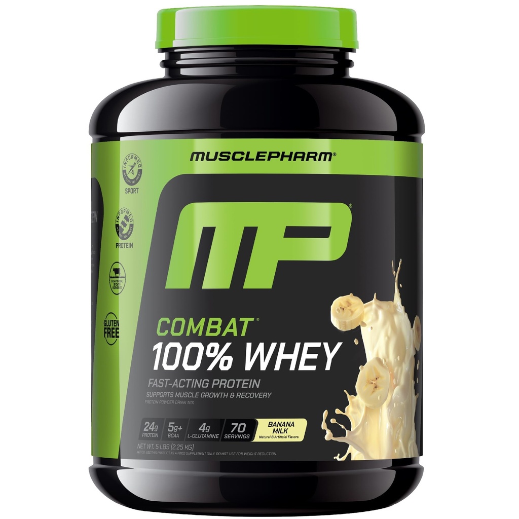 MusclePharm Combat 100% Whey Protein Powder, Banana Milk Flavor, Hurtig Inddrivelse & Muscle Gain med Whey Protein Isolate, High Protein Powder for Kvinder & Mænd, Gluten Free, 5 LB, 70 Servering