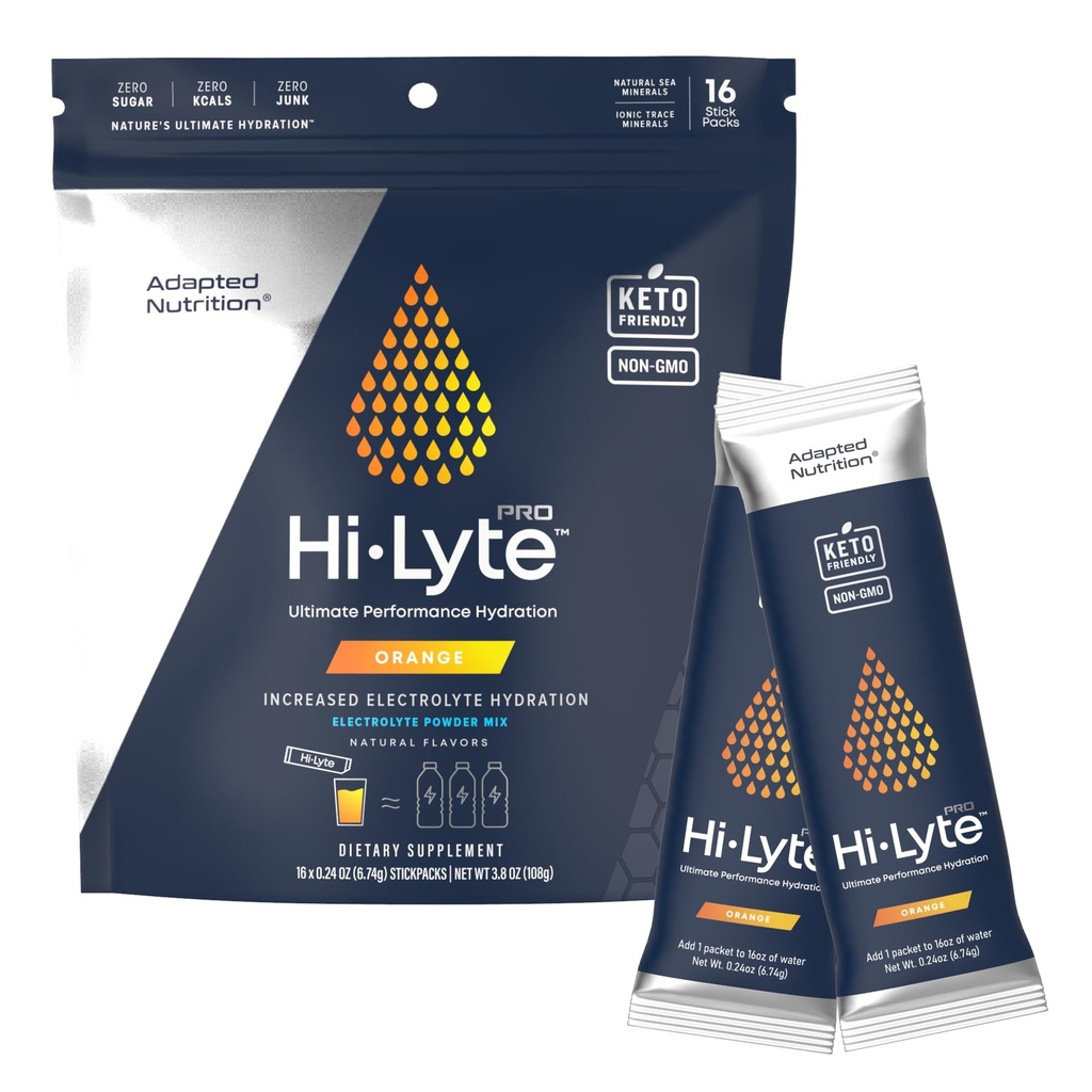 Tilpasset Nutrition Hi- Lyte Pro Hydration Pakninger - 16 Individuelle drikke Pakninger - 124; Orange - 124; Aromatiseret Elektrolyte Pulver - 124; Sukkerfri, Zero Carb, Zero Calorie