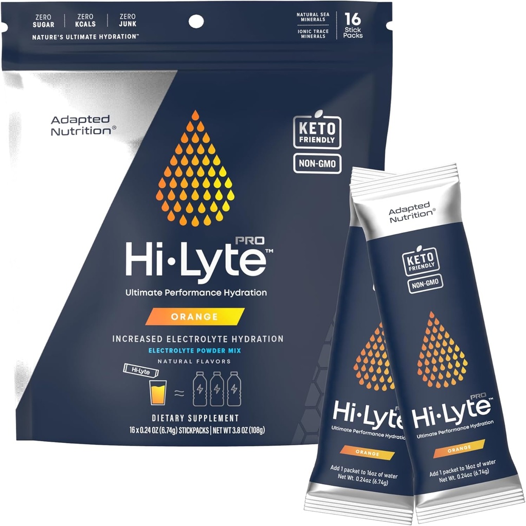 Tilpasset Nutrition Hi- Lyte Pro Hydration Pakninger - 16 Individuelle drikke Pakninger - 124; Orange - 124; Aromatiseret Elektrolyte Pulver - 124; Sukkerfri, Zero Carb, Zero Calorie