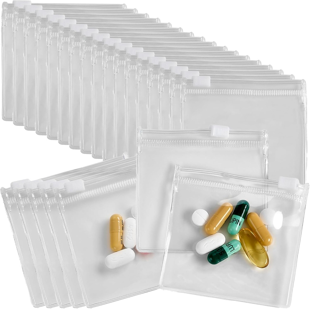 Zipered Pill Pouch Tasker - 24 Pcs, Slide Lock Clear Plastic Mini Tasker, BPA- Gratis for piller Vitaminer, Kosttilskud, Medicin, Smykker, Håndværk, Små objekter - Self-Sealing, Genanvendelig, Travel- Friendly