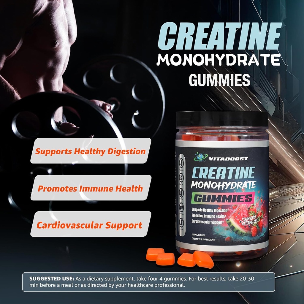 Creatin Gummies 5g- Natural Creatin Monohydrat for Mænd & Women- Lækker Jordbær Vandmelon Flavor - Boost Styrke, Energi & Muscle Growth - Vegan Pre Workout Gummies- Made in USA