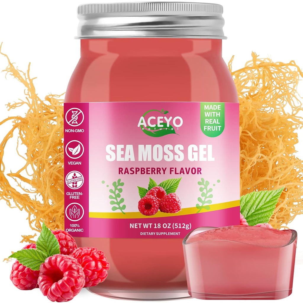 ACEYO (18 OZ) Irish Sea Moss Gel Organic Raw Vegan Raspberry Flavor 102 Vitamin og mineral Wild Harveed Non-GMO immunforsvar Booster Thyroid fordøjelsesstøtte