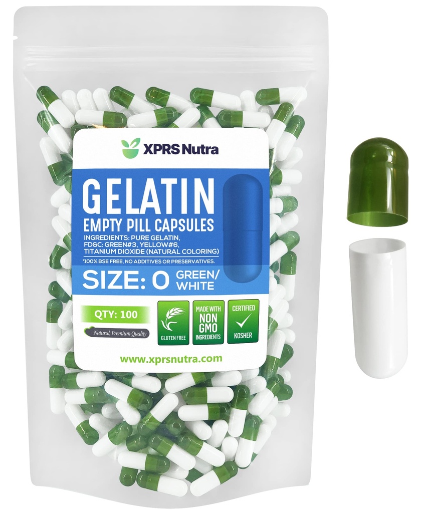 XPRS Nutra Størrelse 0 Tomme kapsler - 100 Tomme Gelatine kapsler - Piller gør det selv Capsule Filling - Pure Bovin Pill Gel Caps til Do- It- Yourself Kosttilskud (grøn / hvid)