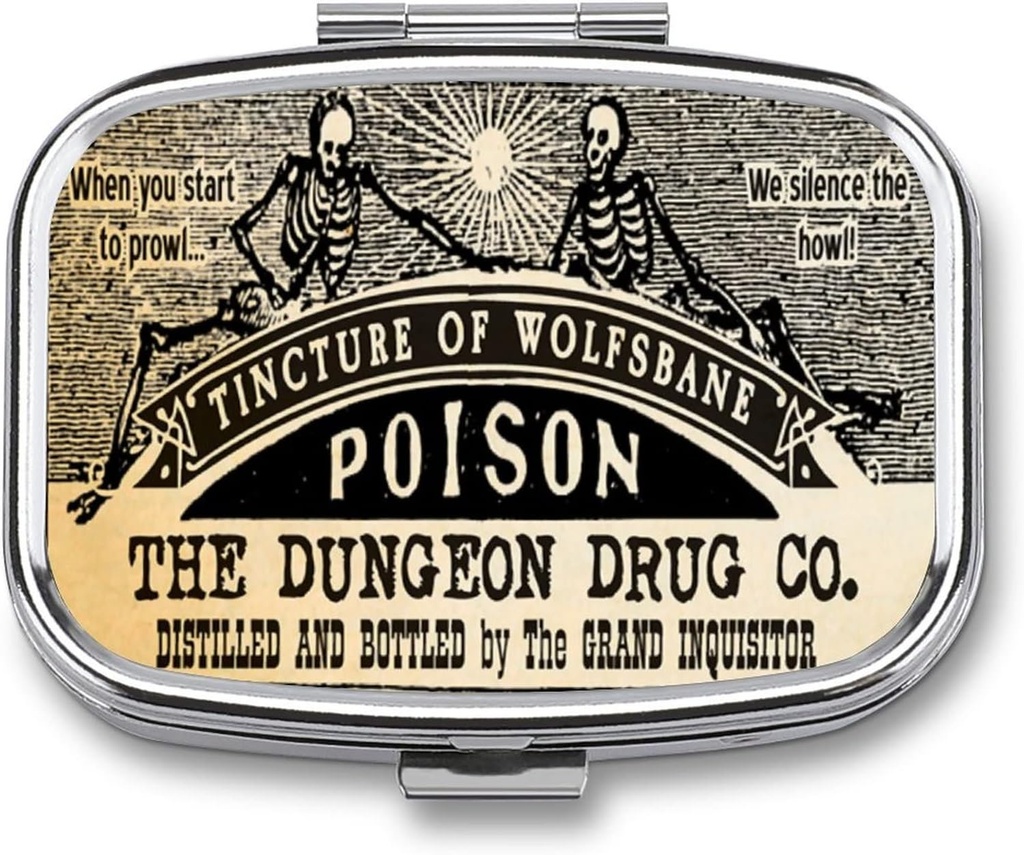 Metal 2 Segment Pill Organizer Travel Friendly Portable Compact Box Cute Case to Hold Vitaminer / Tylenol / Fish Oil / Supplements / Meds / Tablet til purse / Pocket (Poison Skull), 1.97x0.79x0.39 "