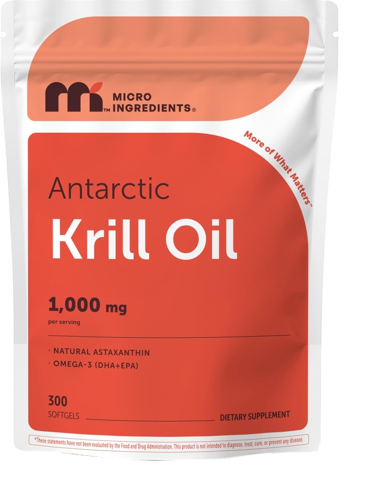 Micro Ingredients Antarctic Krill Oil Supplement, 1000mg Per Serving, 300 Soft- Gels, Rich in Omega- 3s EPA, DHA & Natural Astaxanthin, Understøtter immunsystemet & Brain Health, Let at synke
