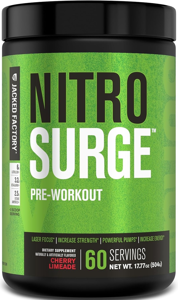Jacked Factory NITROSURGE Pre Workout Supplement - Endeløs energi, Instant Strength Gains, Clear Focus, Intensive Pumper - NO Booster & Kraftfuld Preworkout Energy Powder - 60 Servere, Cherry Limeade