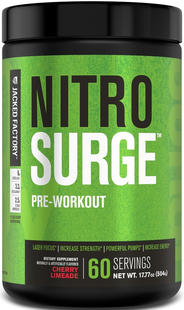 Jacked Factory NITROSURGE Pre Workout Supplement - Endeløs energi, Instant Strength Gains, Clear Focus, Intensive Pumper - NO Booster & Kraftfuld Preworkout Energy Powder - 60 Servere, Cherry Limeade