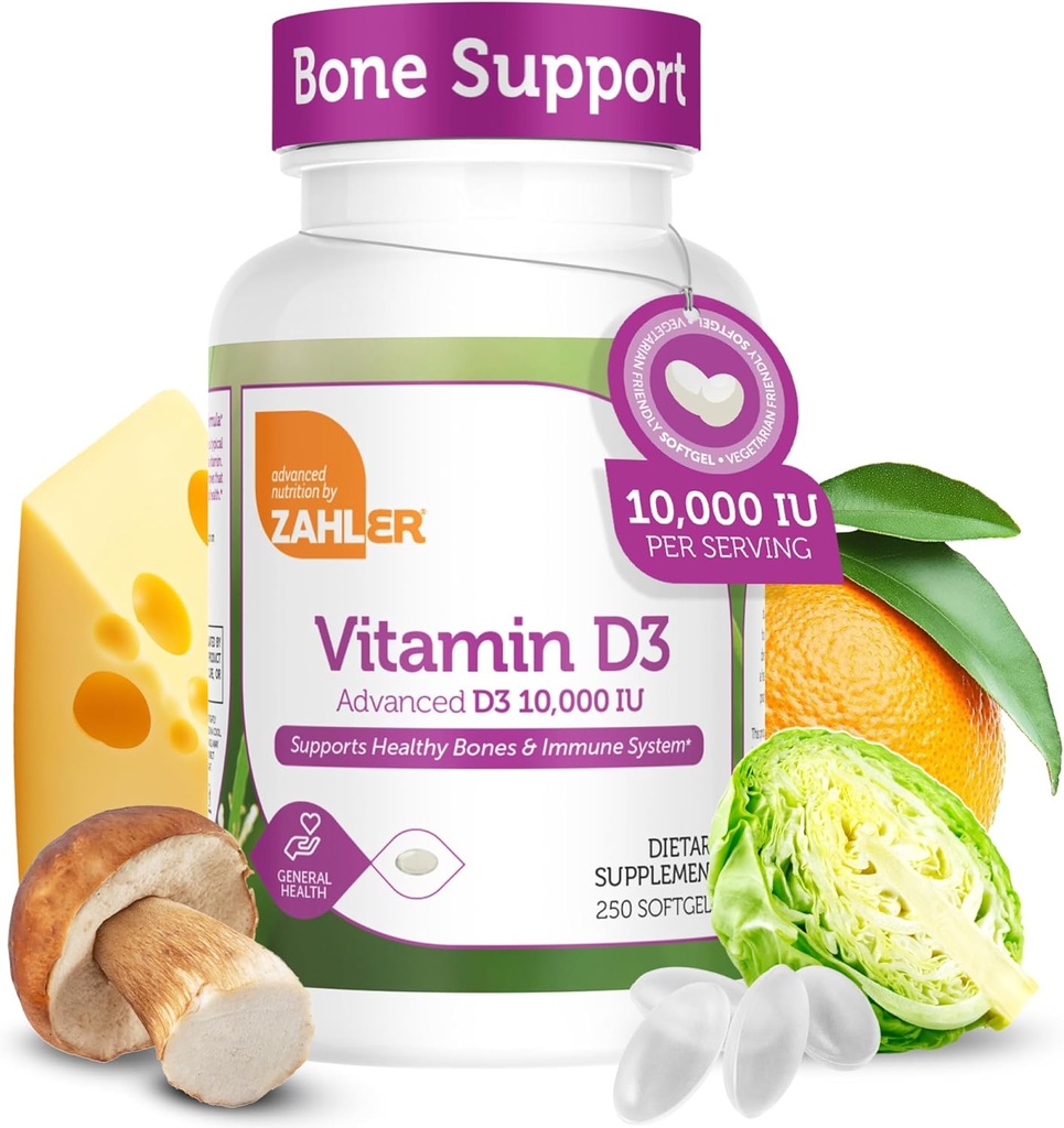 Zahler - Avanceret D3 10. 000 IE Softgels (250 Greve) Kosher Vegetarisk Venlig D-vitamin til immunforsvar, ben, tænder og muskelsundhed - Easy Swallow VIT D 3