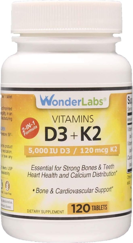 Wonder Laboratories D-vitamin 5000 IE, D3- vitamin + K2 understøtter et sundt immunsystem, essentiel for stærke knogler, hjertesundhed og calciumdistribution, 120 tabletter