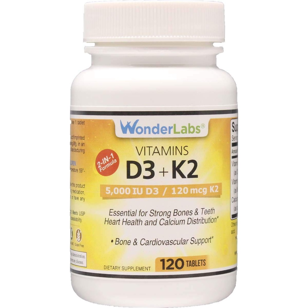 Wonder Laboratories D-vitamin 5000 IE, D3- vitamin + K2 understøtter et sundt immunsystem, essentiel for stærke knogler, hjertesundhed og calciumdistribution, 120 tabletter