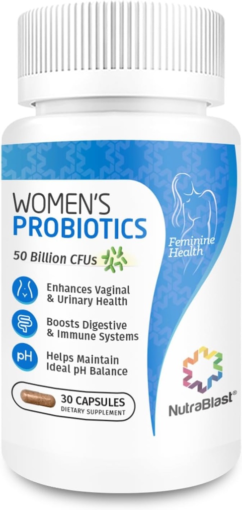NutraBlast Vaginal Probiotika til kvinder Fordøjelsesmiddel, Intimate Balance, UT & Vaginal Sundhed - 50 Billion CFU - 6 Strops, Prebiotika, Cranberry Extract & D Mannose - Womens Probiotic (30 Greve)