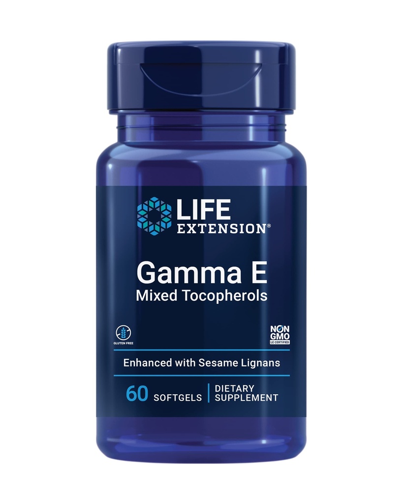 Life Extension Gamma E Blandede tocopheroler, sund aldring, E-vitamin tillæg, forstærket med Sesame lignians, Glutenfri, Non- GMO, 60 softgel