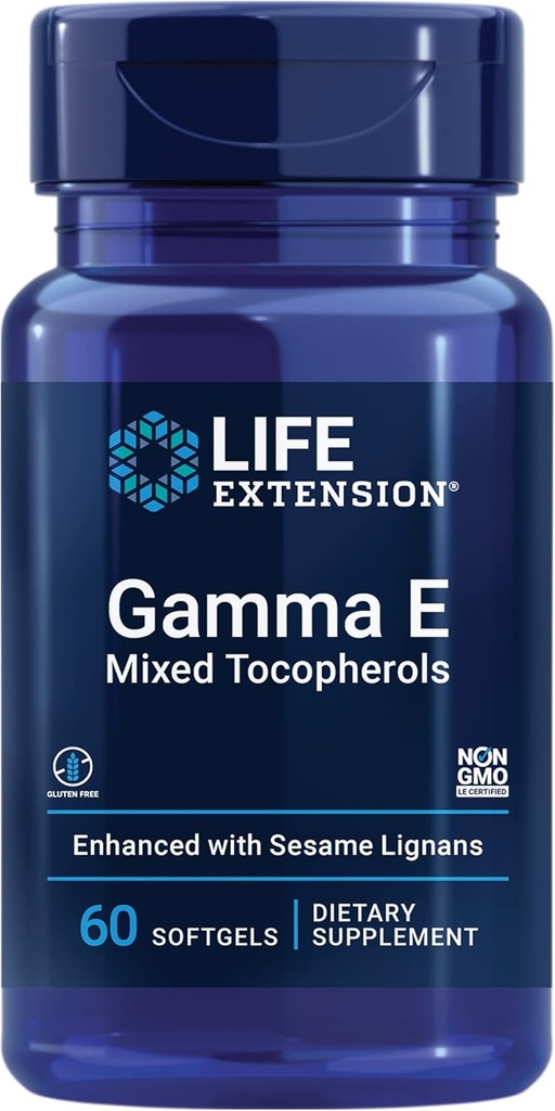 Life Extension Gamma E Mixed Tocopherols, Healthy Aging, Vitamin E Supplement, Enhanced with Sesame lignans, Gluten-Free, Non-GMO, 60 softgels