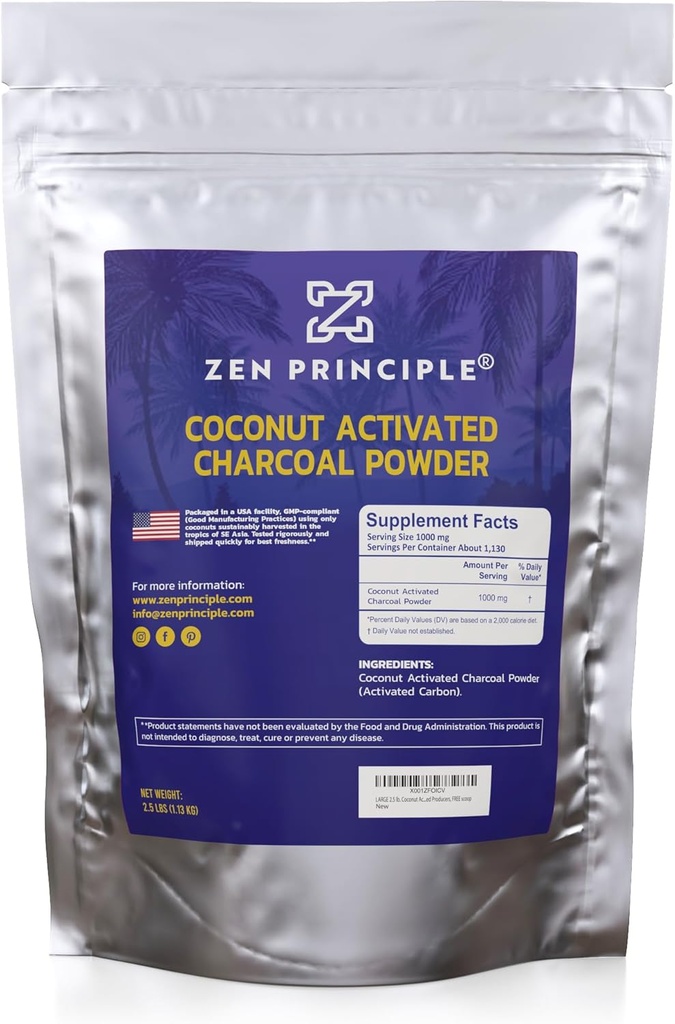 Zen Princip kokos aktiveret kul pulver. Whitens tænder, forynger hud og hår, understøtter bedre fordøjelse. USA- ejede producenter, 2,5 lb