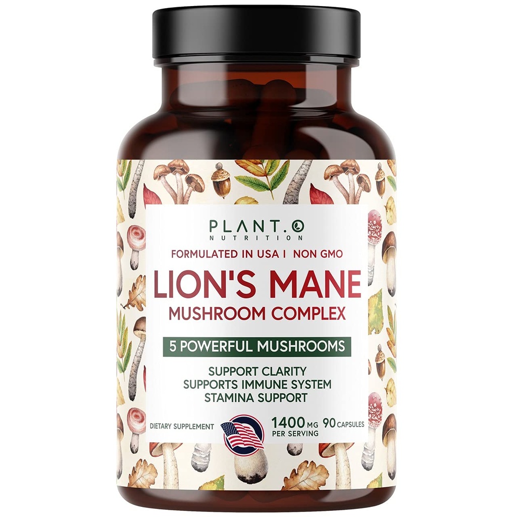 Plant.O Premium Lion 's Mane Supplement, Alle naturlige Nootropics Brain Supplement, 5 Mushroom Complex - Lion' s Mane, Reishi, Chaga, Maitake, Shiitake for Immunity, Focus, Mood & Memory Boost, 90 Caps