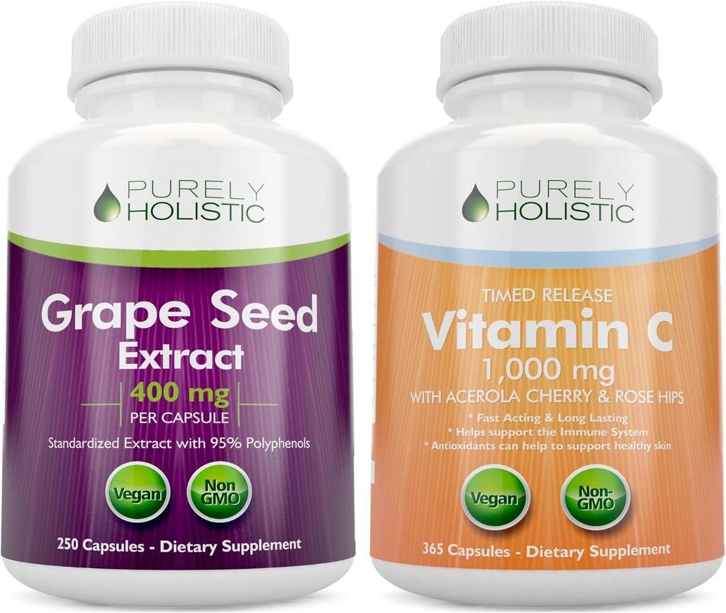 Rent holistiske Grape Seed Extract 400mg + C-vitamin 1000mg tidsudløsning Bundle - 615 Veganske kapsler - Made in USA