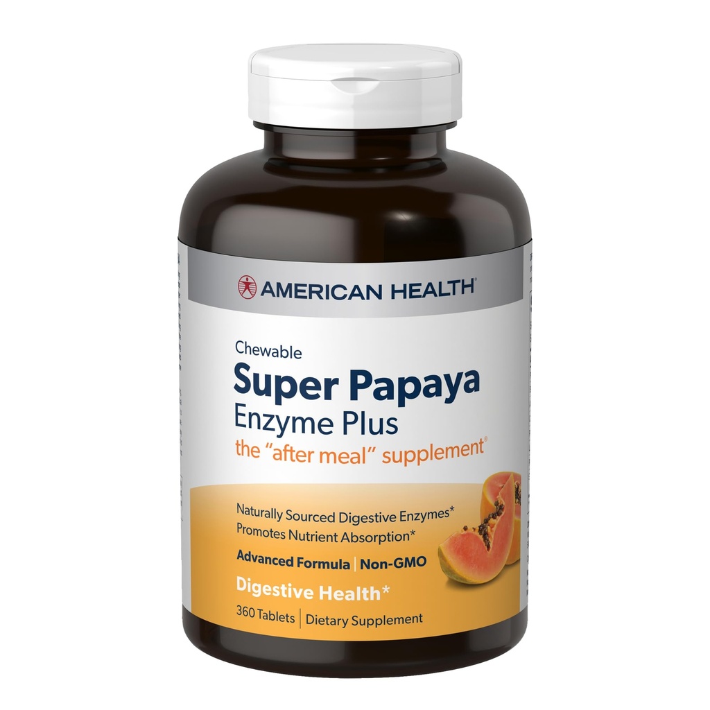 American Health Super Papaya Enzyme Plus - 360 tyggetabletter - Eftermåltid tillæg - ikke-GMO - 120 Servere
