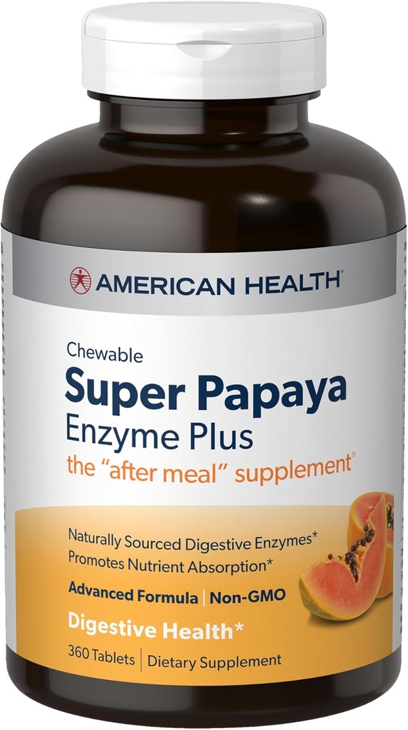 American Health Super Papaya Enzyme Plus - 360 tyggetabletter - Eftermåltid tillæg - ikke-GMO - 120 Servere
