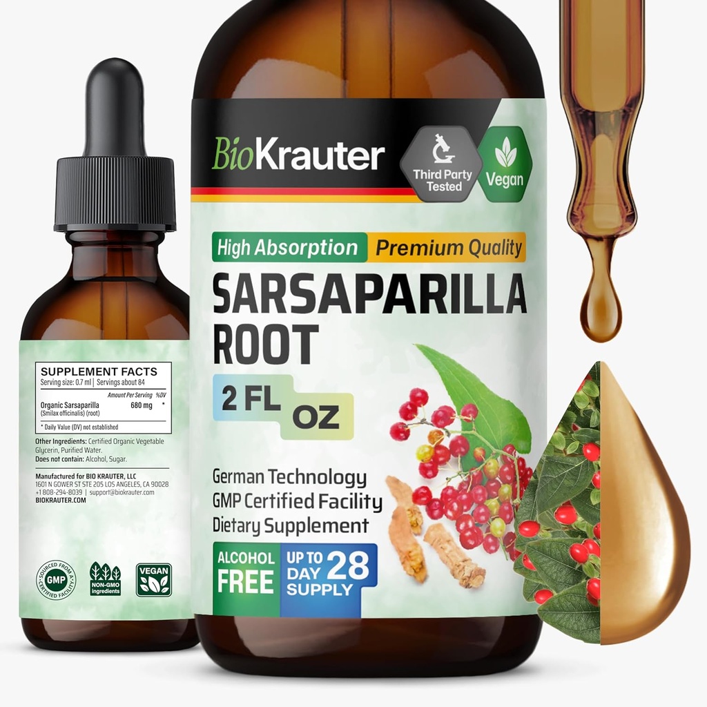 BIO KRAUTER Sarsaparilla Root Tinktur - Urtevæske Uddrag supplement til leverstøtte - Alkohol & Sukker Free Vegan Drops 2 Fl.Oz.
